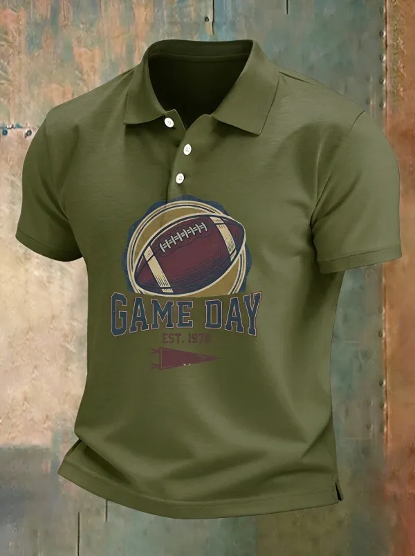 Men's American Football Game Day Vintage Logo Printed Polo Shirt