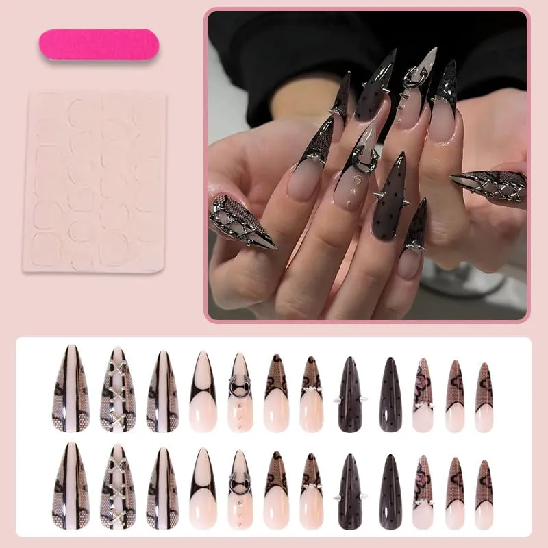 Nailhour 24Pcs Black 3D Gothic Gilded Long Stiletto Press On Nails