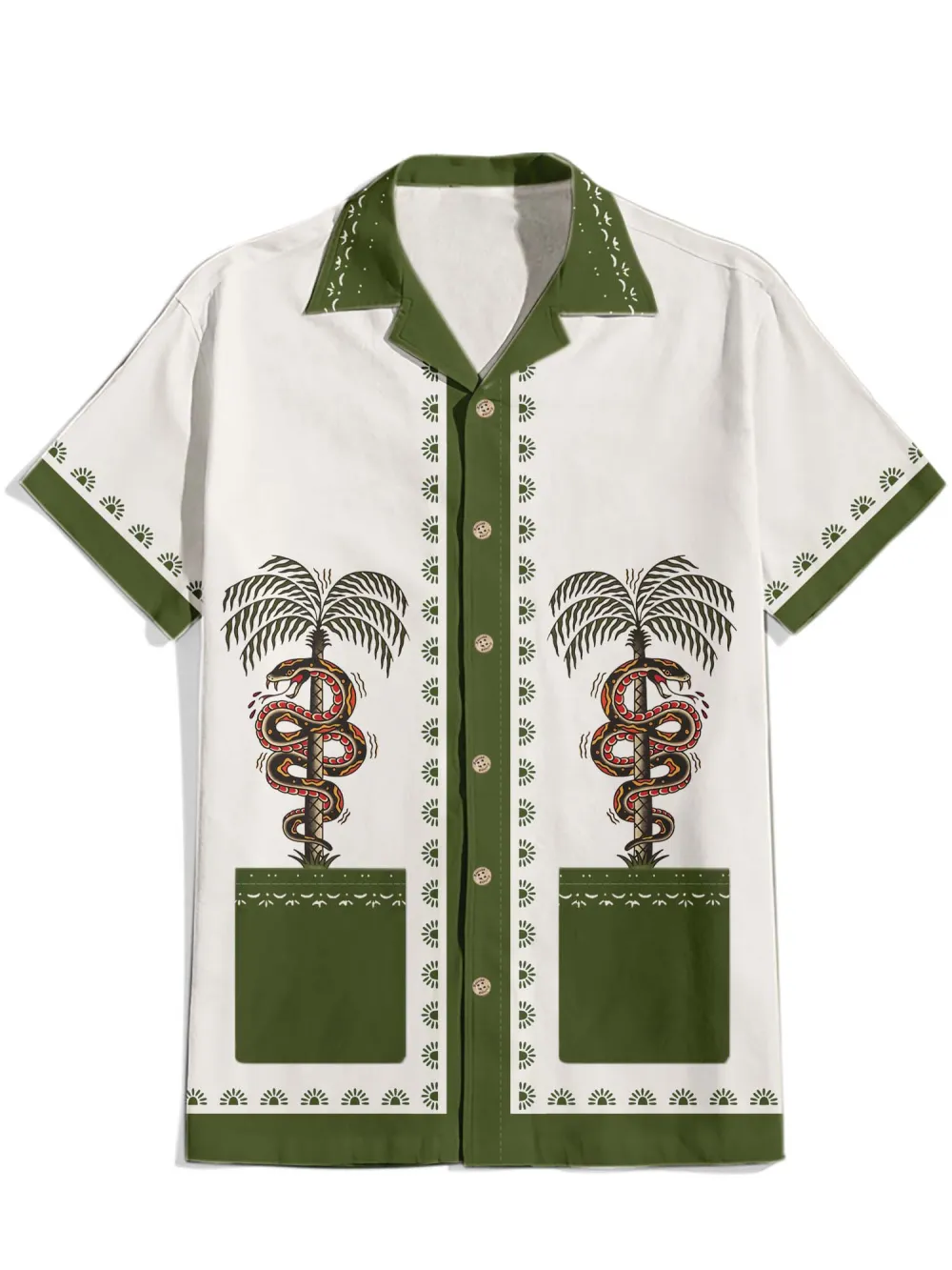 Coconut Tree And Snake - 100% Cotton Cuban Collar Shirt