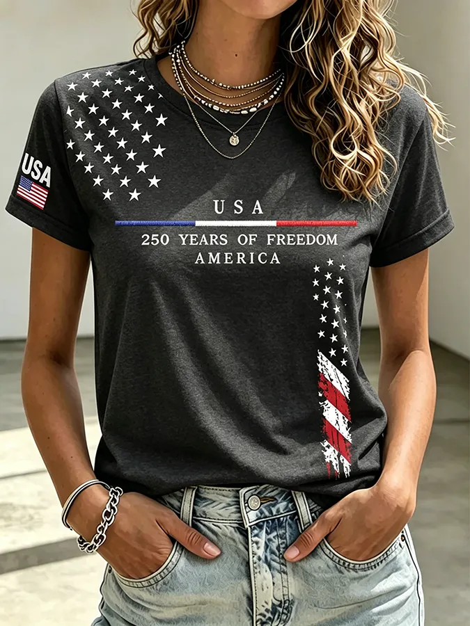 Embroidered Printed Round Neck Short Sleeved T-Shirt Commemorating The 250Th Anniversary Of The United States