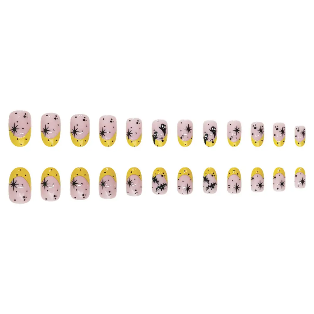 Nailhour 24Pcs Yellow French Halloween Short Oval Ghost Press On Nails