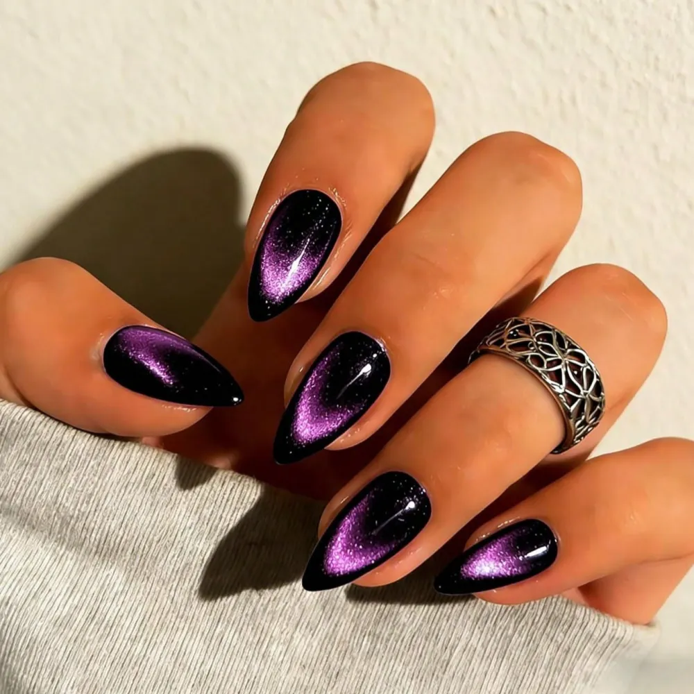 Nailhour 24Pcs Purple Cat Eye Yearly Gothic Medium Almond Press On Nails