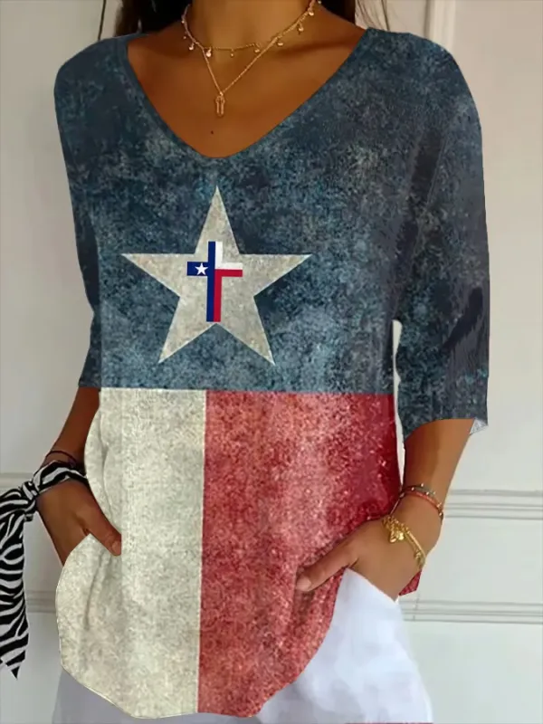 Women's Texas Flood Print Casual V-Neck T-Shirt