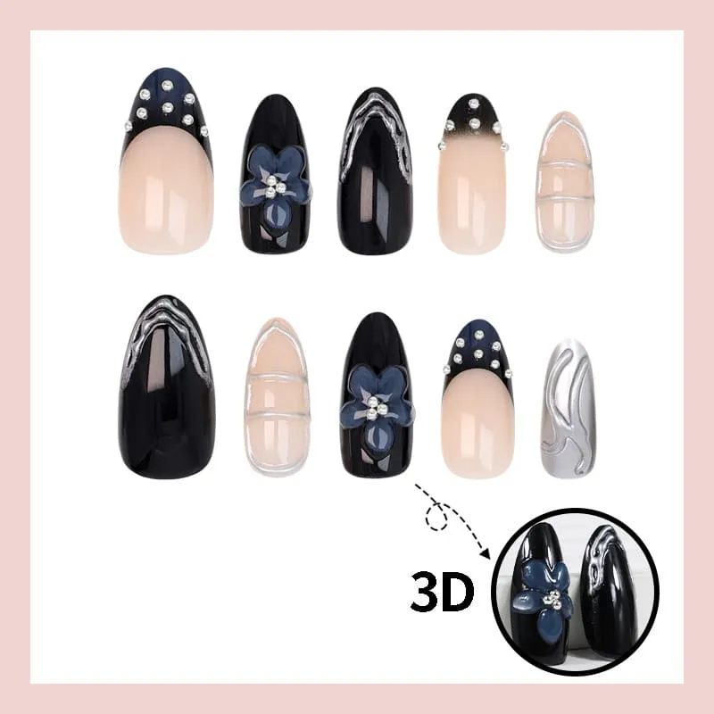Nailhour 30Pcs Dark Blue Gradient Medium Almond French Press On Nails