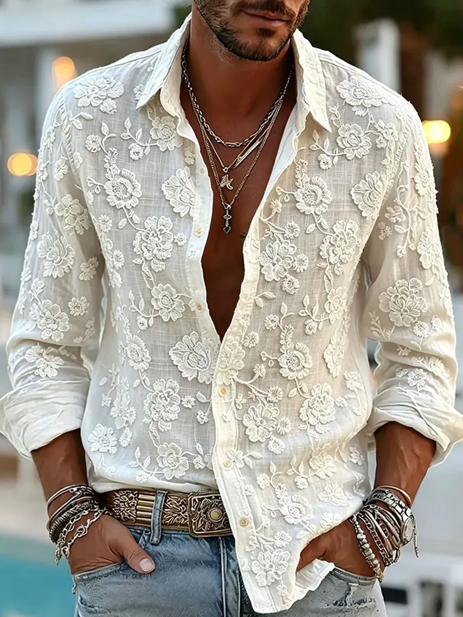 Men's Vintage Floral Embroidery Art Cozy Linen Blouse