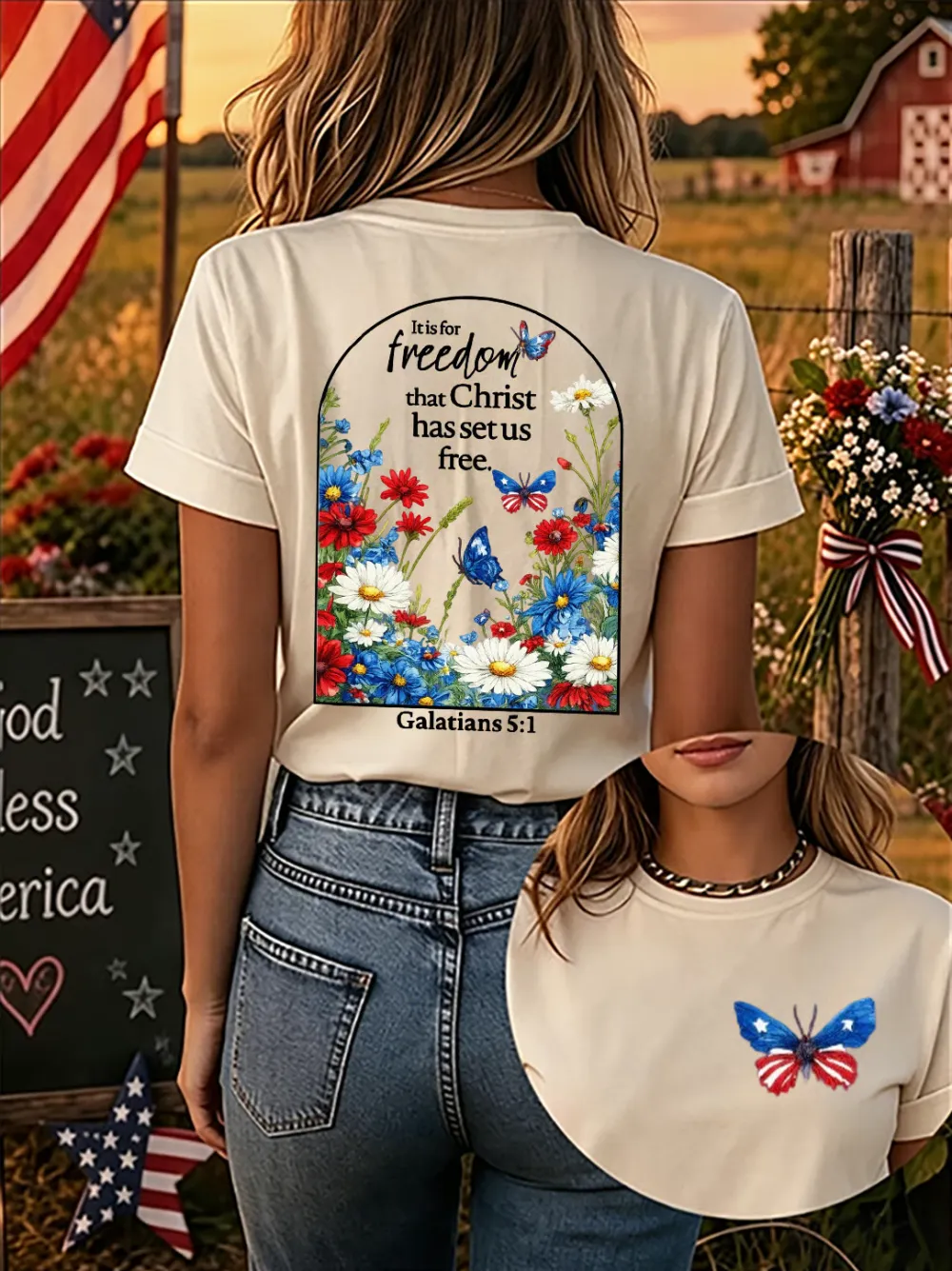 Christ'S Gift Of Freedom: Women'S American 250th Anniversary Faith Print Short-Sleeve T-Shirt