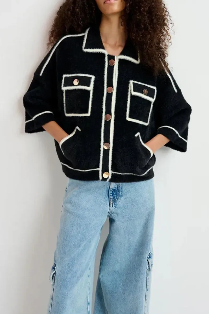 Contrast Trimmed Pocketed Knit Coats