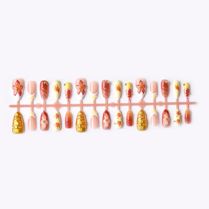Nailhour 30Pcs Floral Autumn/Winter 3D Medium Almond French Press On Nails