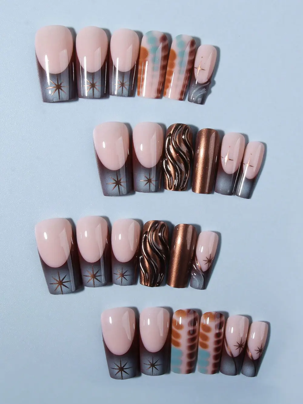 Nailhour 24Pcs French Gilded Glitter Long Square Press On Nails