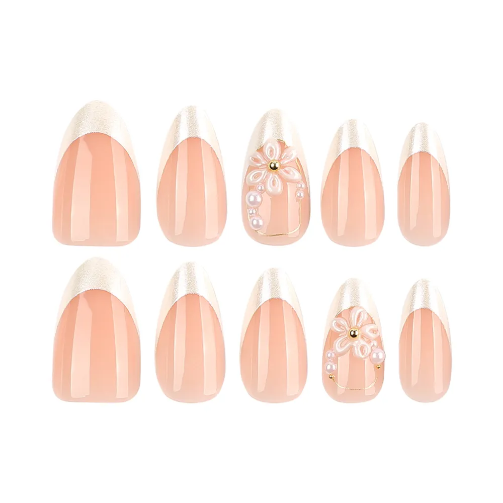Nailhour 24Pcs White French 3D Medium Almond Press On Nails