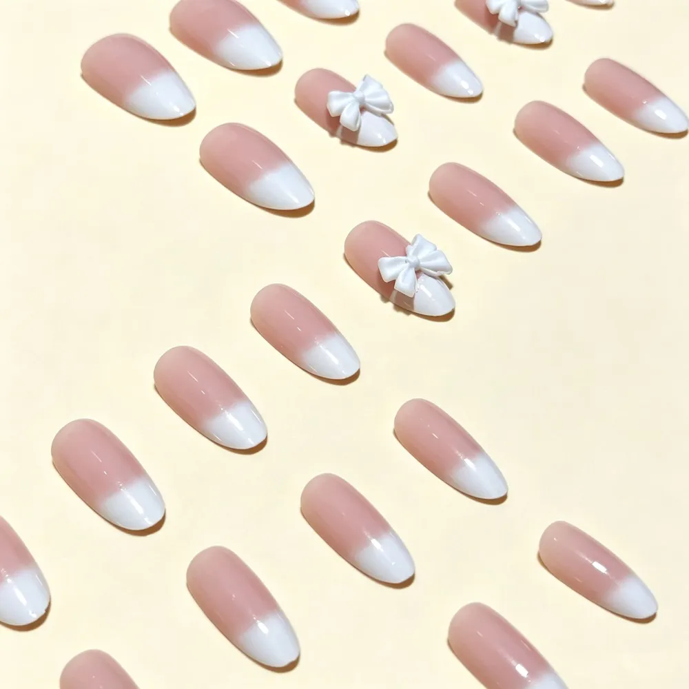 Nailhour 30Pcs White 3D French Bow Short Almond Press On Nails