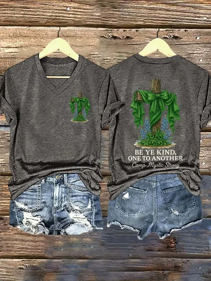 V Neck Retro Texas Strong Cross Print T-Shirt