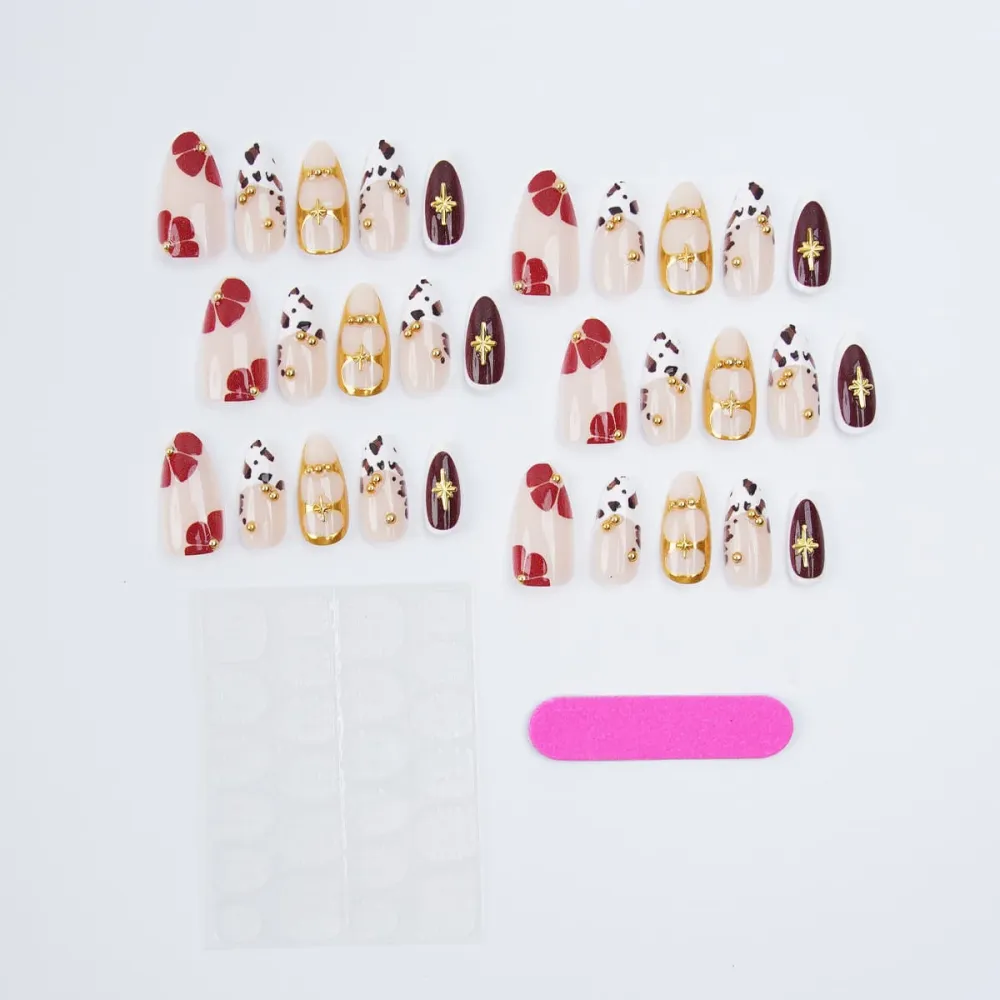 Nailhour 30Pcs Gilded 3D Leopard Print Medium Almond French Press On Nails