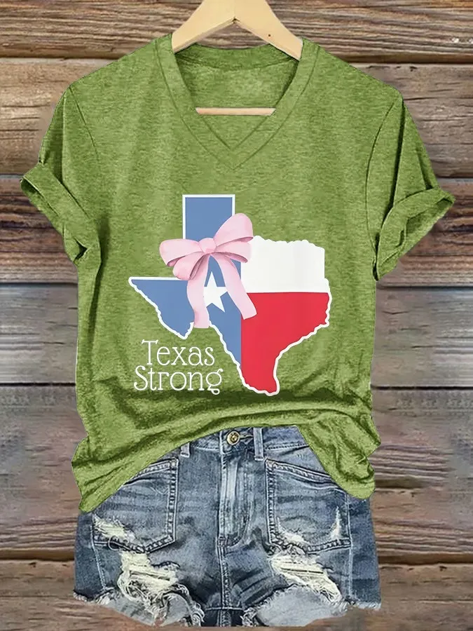 V Neck Retro Texas Strong Bow Print T-Shirt