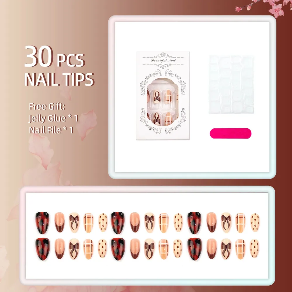 Nailhour 30Pcs Medium Almond French Autumn Press On Nails
