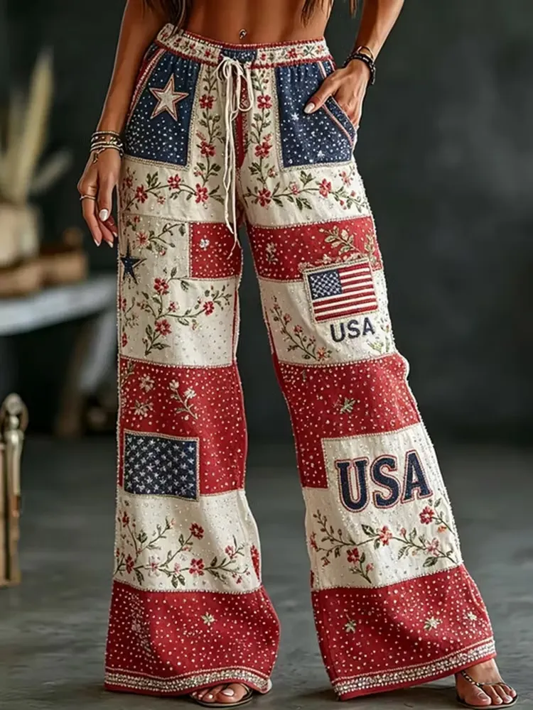Ladies' Casual Linen Blended Flower American Elements Personalized Printed Loose Pants
