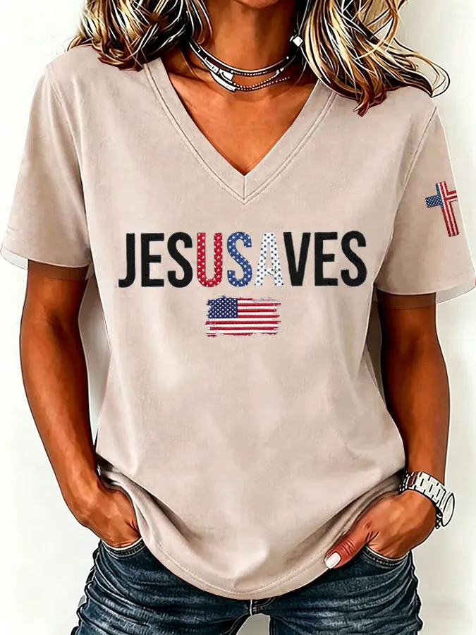 Women'S America Flag  Print Casual V-Neck T-Shirt