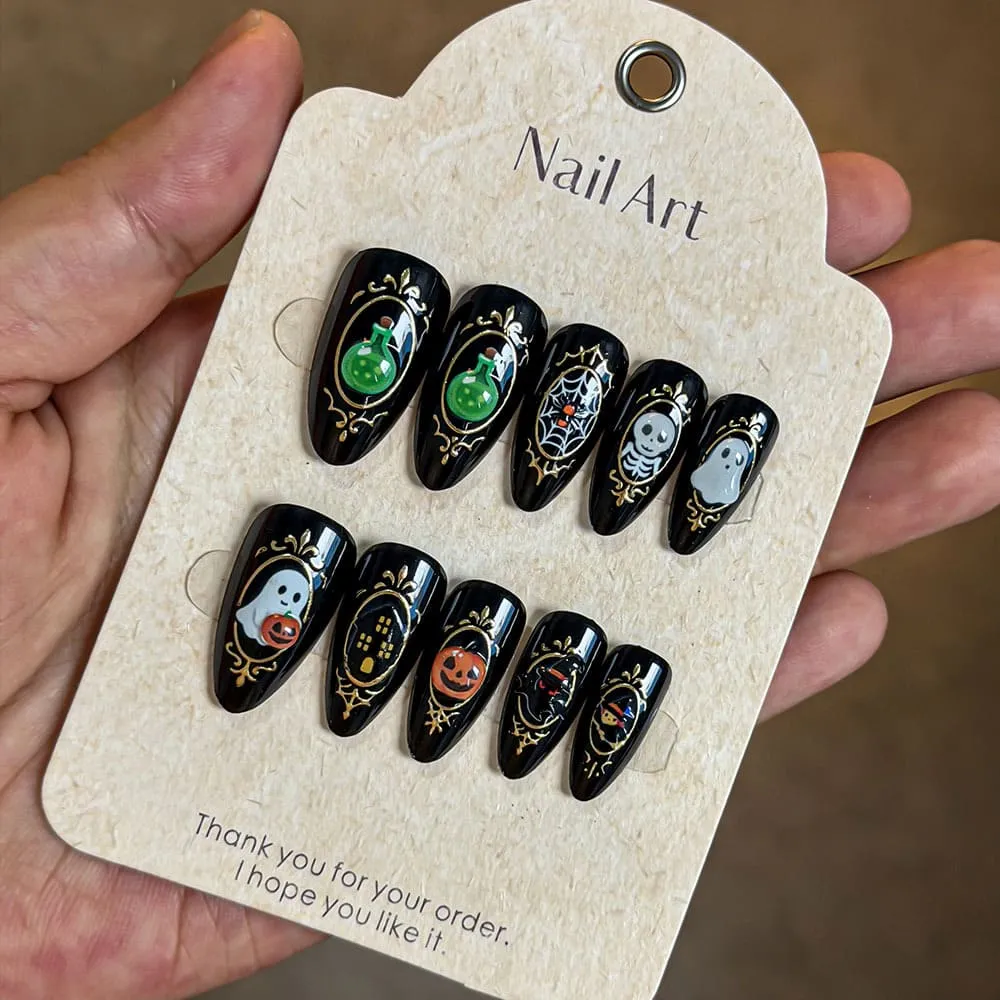 Nailhour 24Pcs Skeleton Ghost Scary 3D Halloween Medium Almond Press On Nails