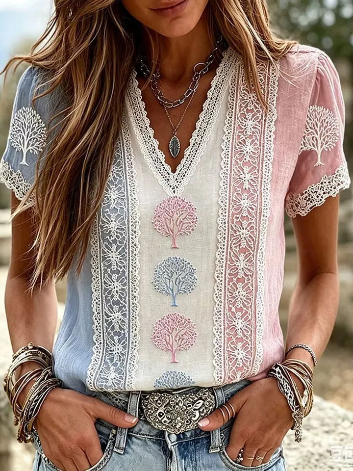 Women's Romantic Tree Of Life Color Block Art Flowy Casual T-shirt