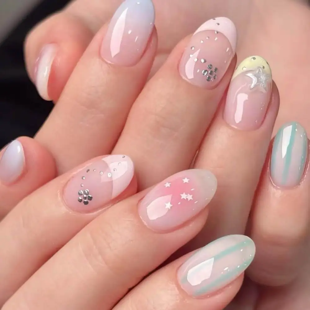 Nailhour 24Pcs Pink Rhinestone Short Oval Press On Nails