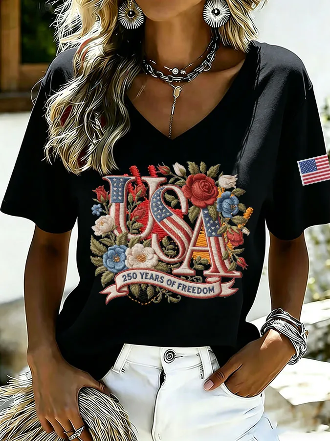 Women'S Floral Flag Printed Casual T-Shirt