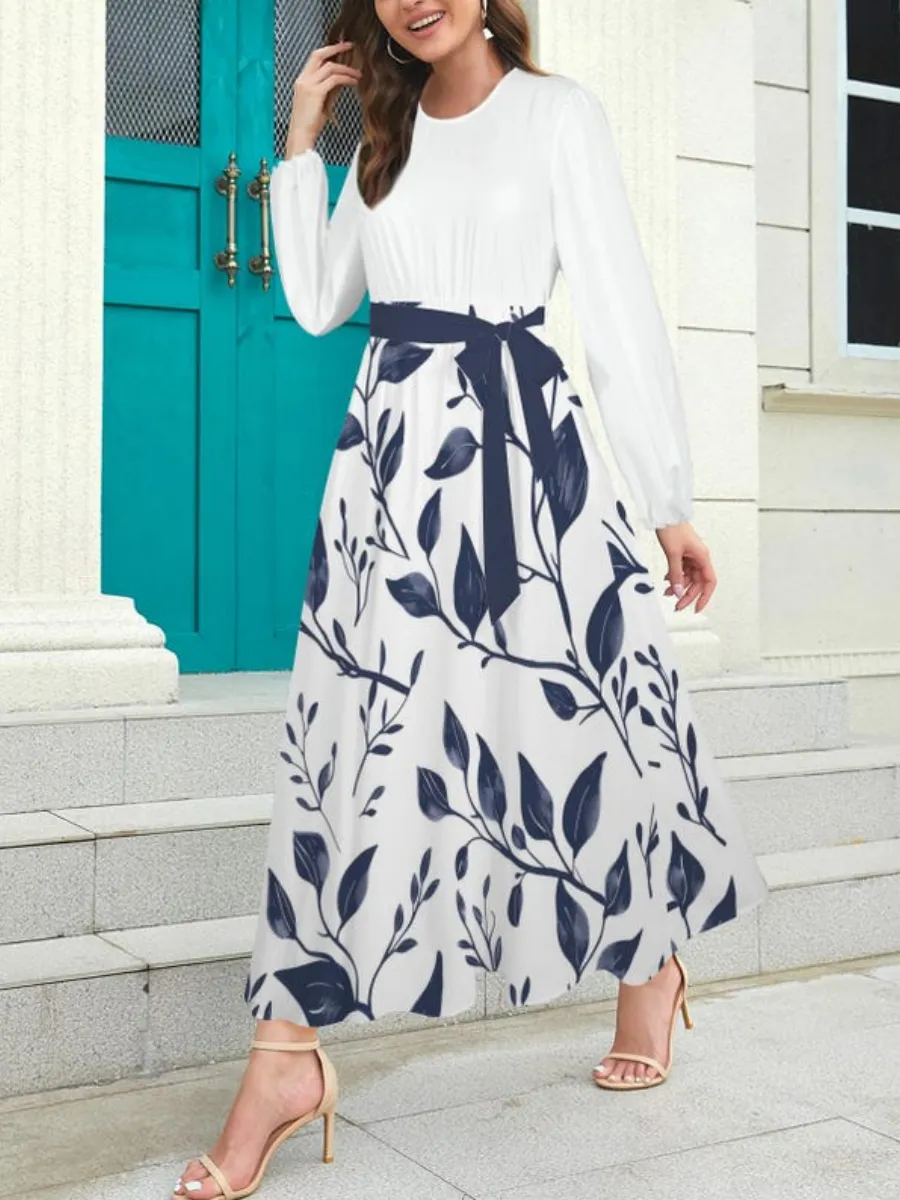 Plant Print Long Sleeve Dress