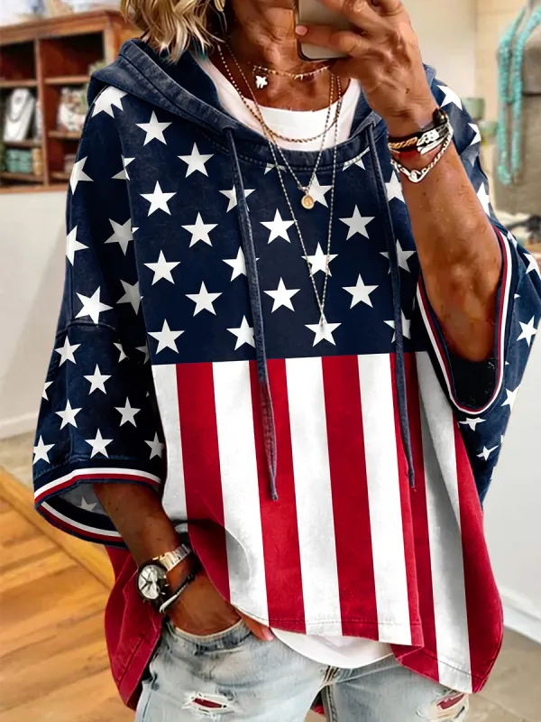 Women's Patriots Print Lace Trim 3/4 Sleeve Hooded Top