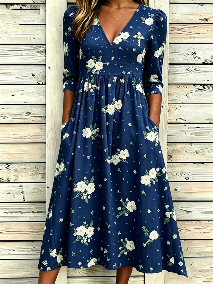 Women'S Cotton And Linen Casual Printed Loose Dress