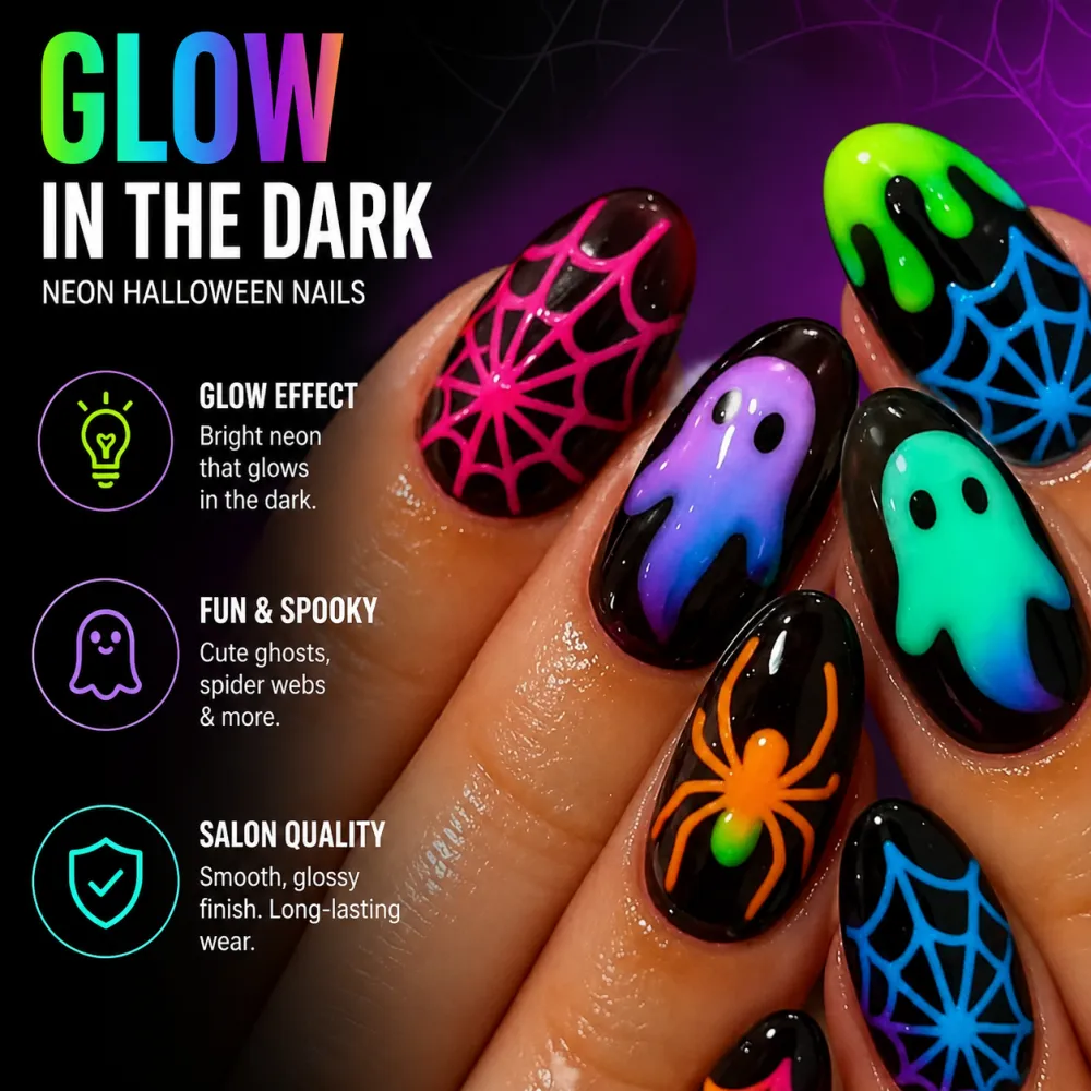 Nailhour 24Pcs Halloween Medium Almond Luminous Ghost Press On Nails