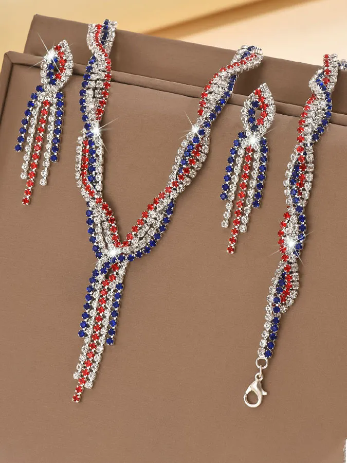 Colorful Rhinestone Twisted Tassel Necklace, Earrings, and Bracelet Set