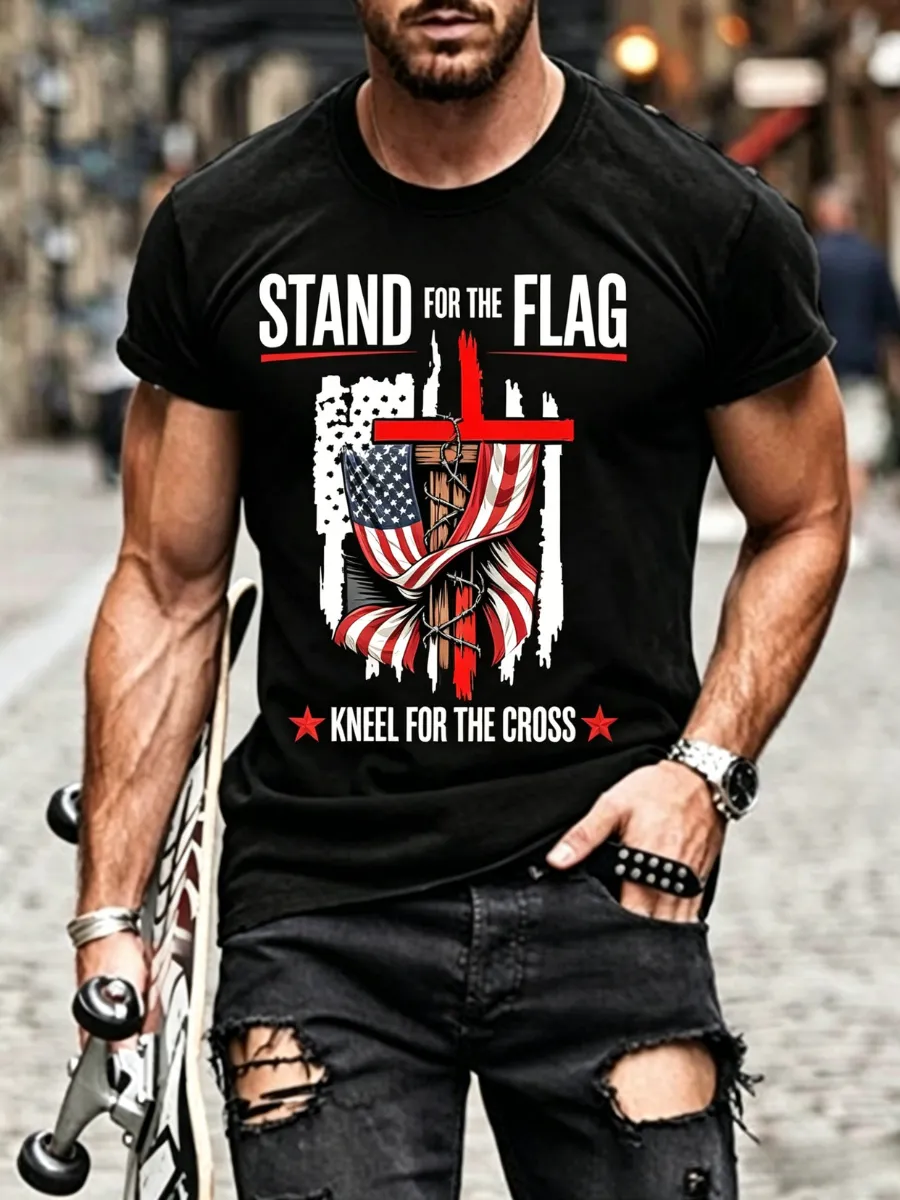 Men's America's 250th Anniversary Stand For The Flag Kneel For The Cross Faith Christian Cross Print T-Shirt