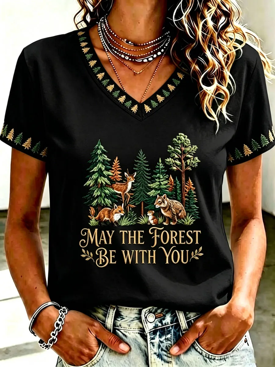 Women'S May The Forest Be With You Printed Casual T-Shirt
