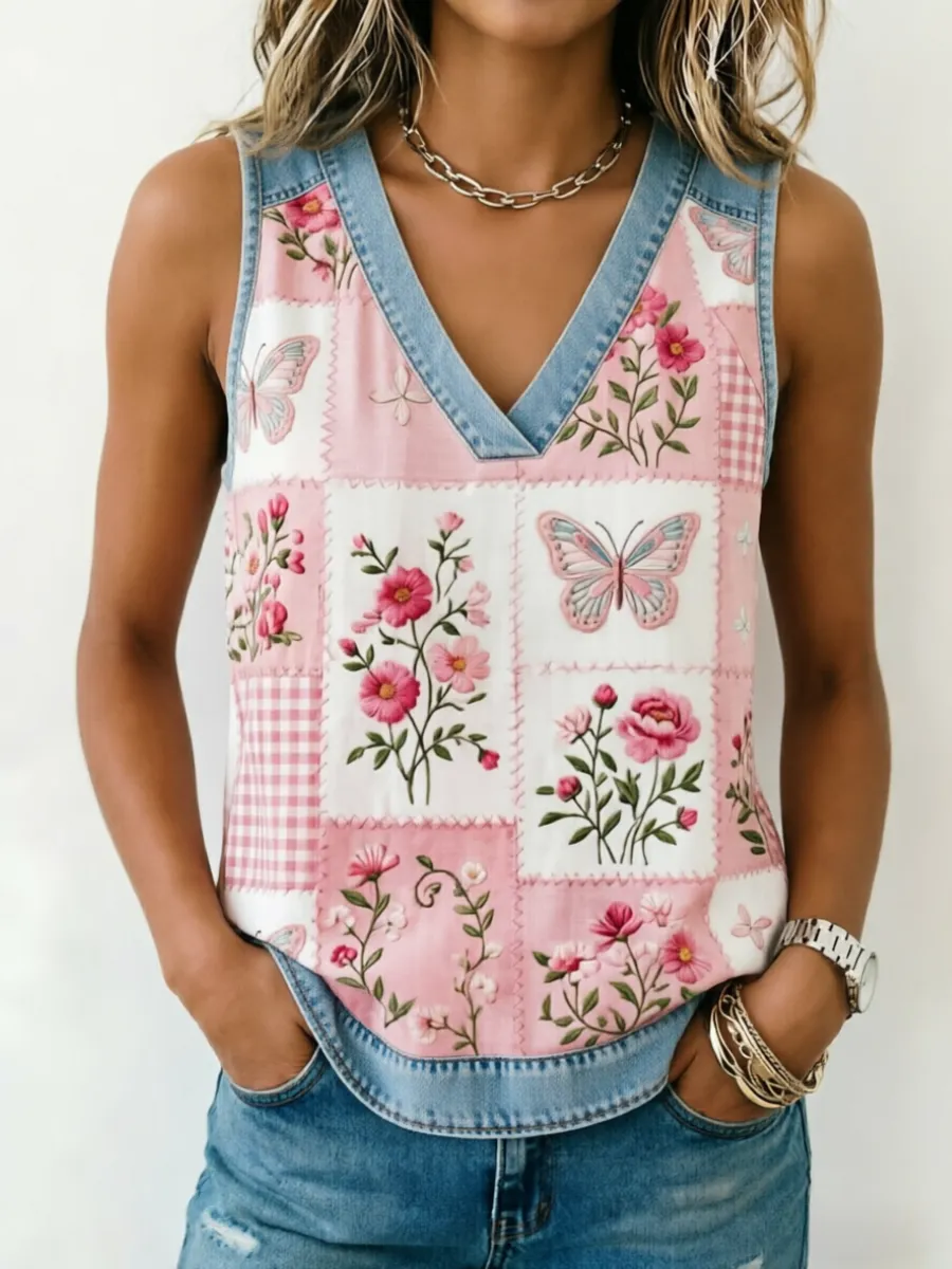 Women'S Floral Cotton Linen Vest
