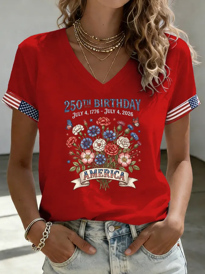 Women's Flower Independence Day Printed Casual T-shirt
