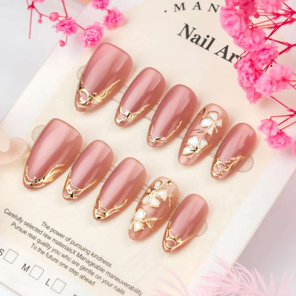 Nailhour 10Pcs Pink Cherry Blossoms Medium Almond Gilded Press On Nails