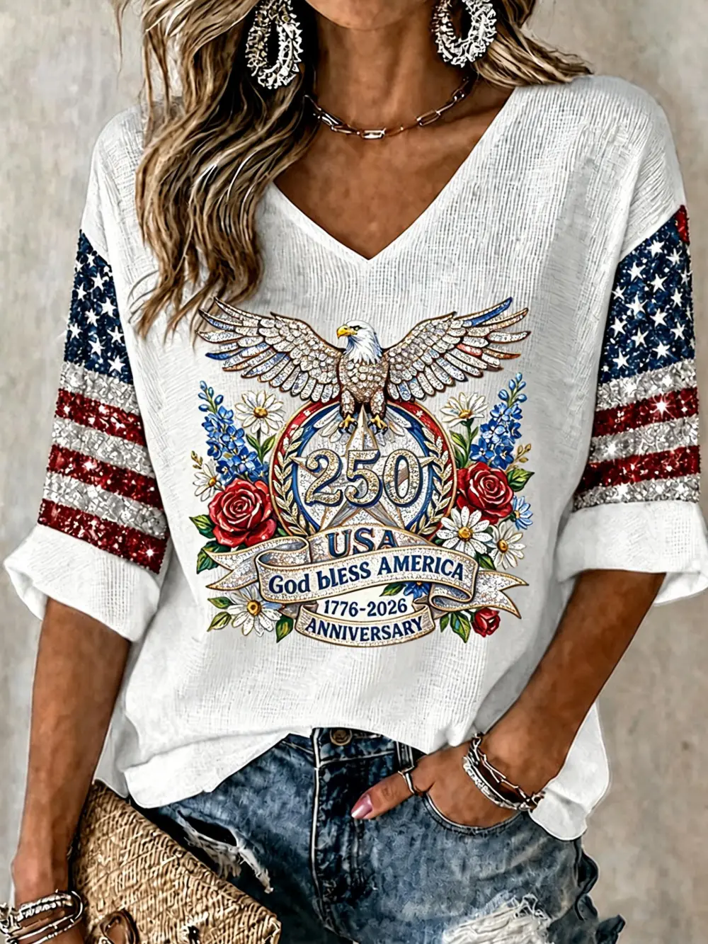 Women's American Flag Printed Casual Waffle Long Sleeve T-shirt