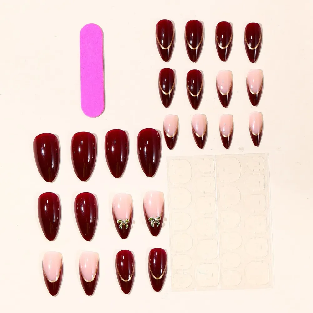 Nailhour 24Pcs Red Gilded French 3D Medium Almond Press On Nails