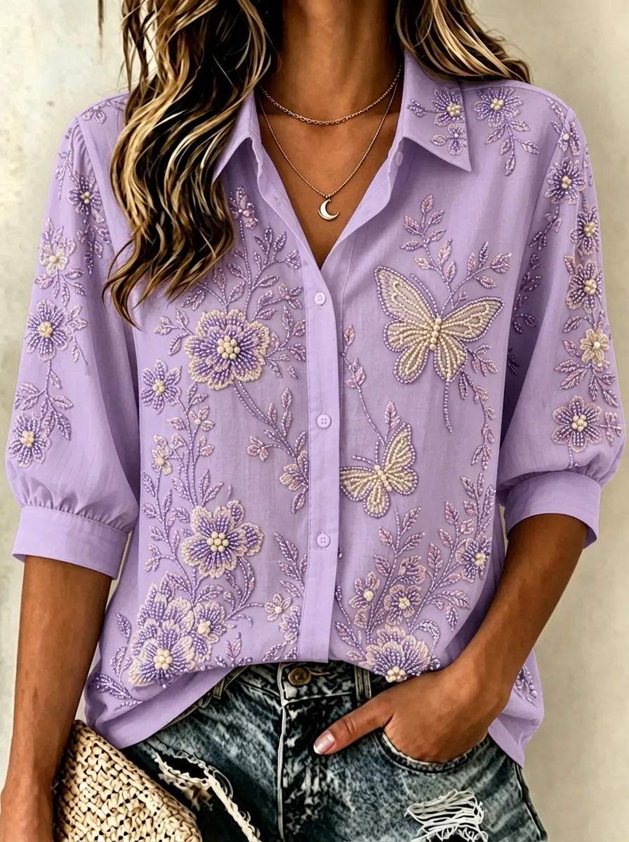 Women's Breast Cancer Awareness Butterfly Floral Beaded Printed Shirt