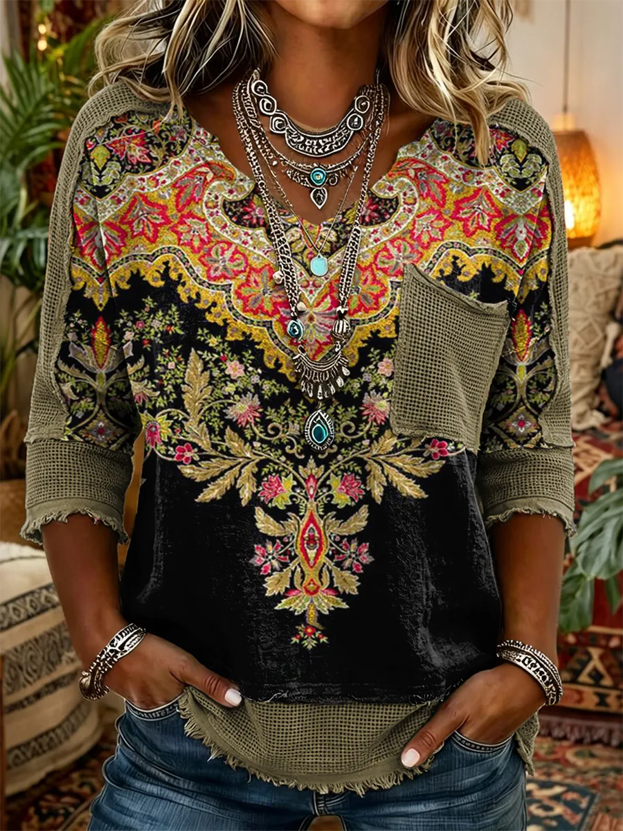 Women's Retro Ethnic Floral Art Print Casual Three-quarter Sleeve V-neck Patchwork Cotton Linen Shirt
