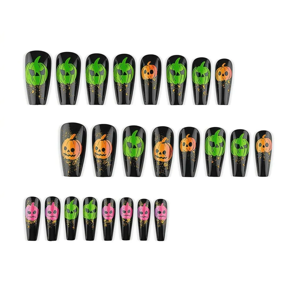 Nailhour 24Pcs Halloween Pumpkin Ghost Long Coffin Press On Nails