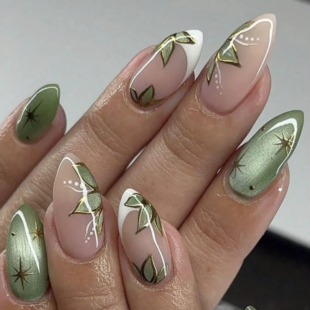 Nailhour 24Pcs French Medium Almond Gilded Autumn Press Cat Eye On Nails