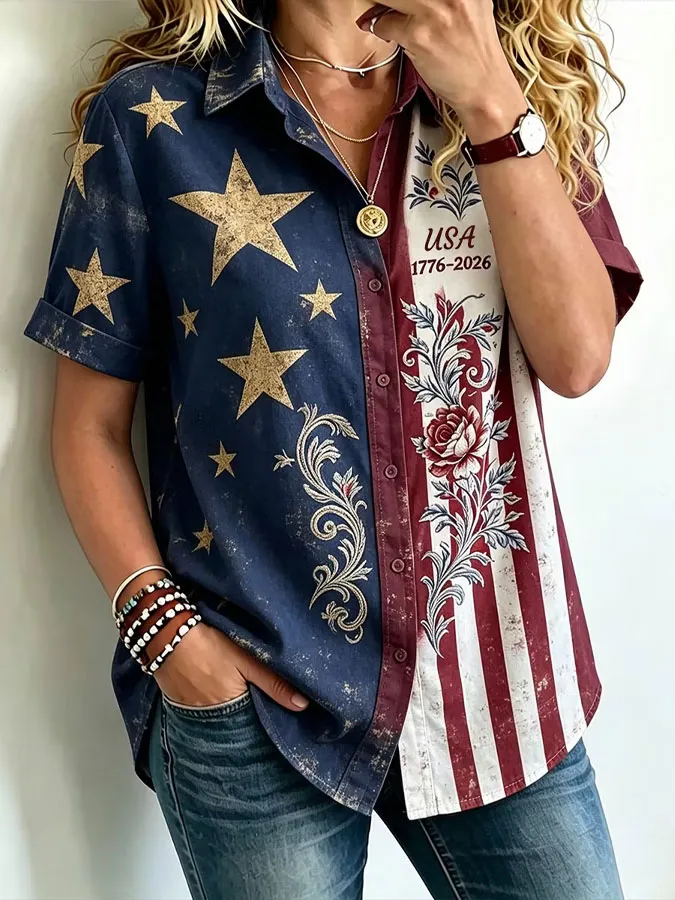 Women'S Casual American Flag Floral Print Lapel Shirt