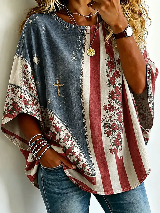 Women's American Flag Floral Vintage Loose T-Shirt