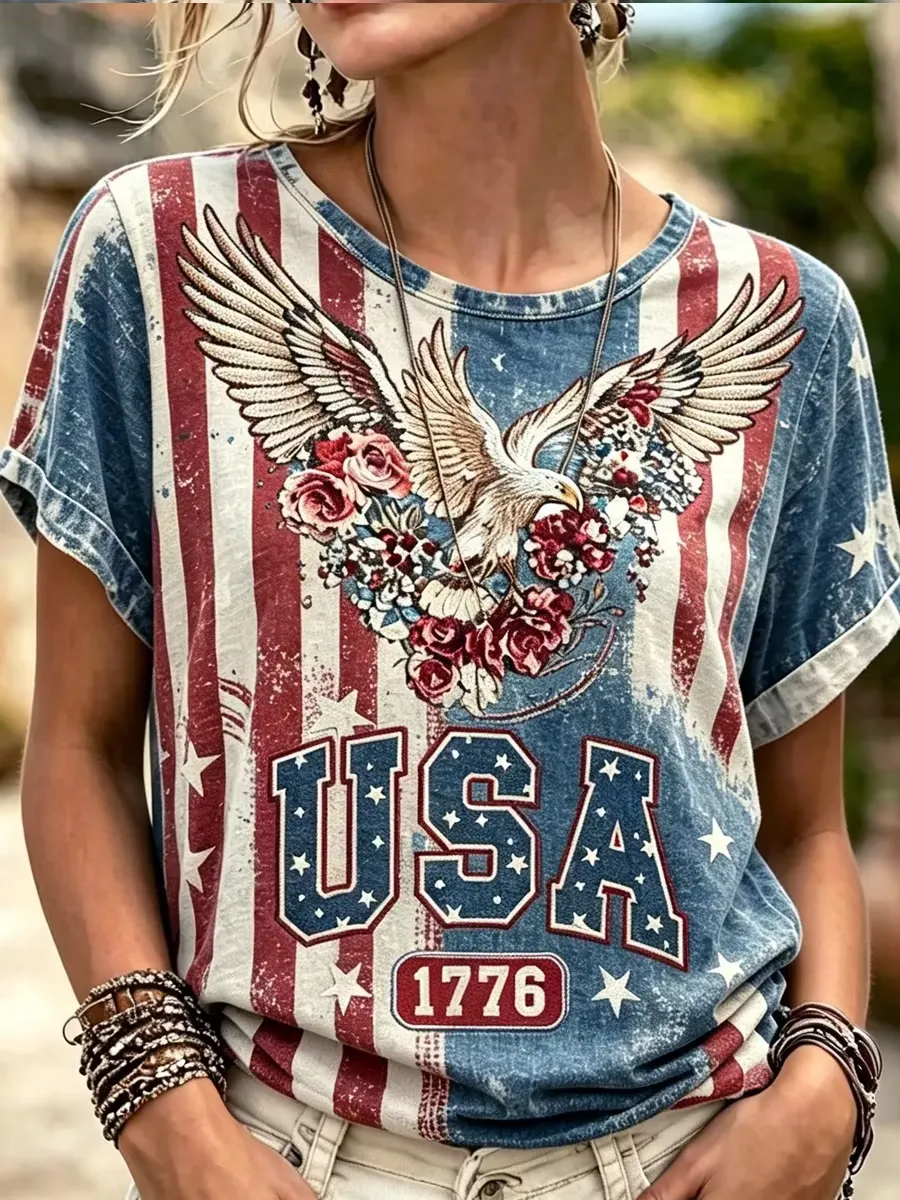 Women'S Retro Independent Sun Star Flag Printed Top