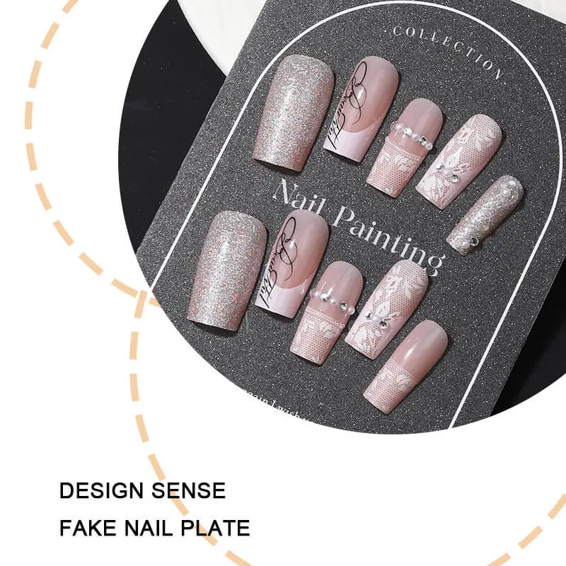 Nailhour 24Pcs Long Square French Lace Pearls Press On Nails
