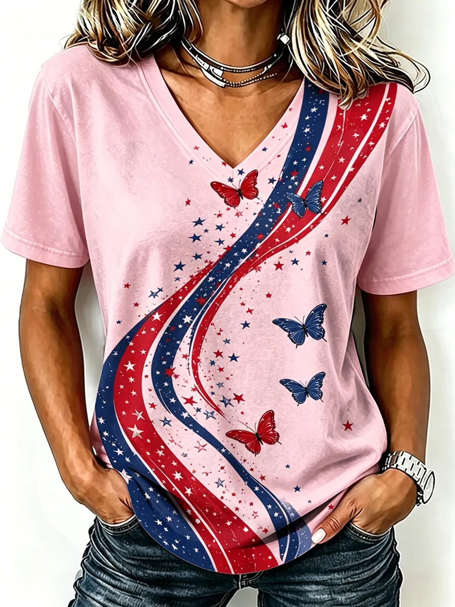 Women'S America Flag  Print Casual V-Neck T-Shirt