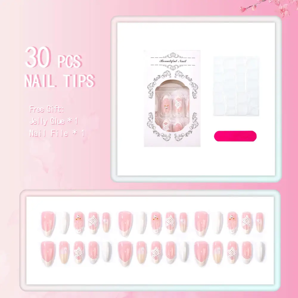 Nailhour 30Pcs Pink French 3D Medium Almond Press On Nails