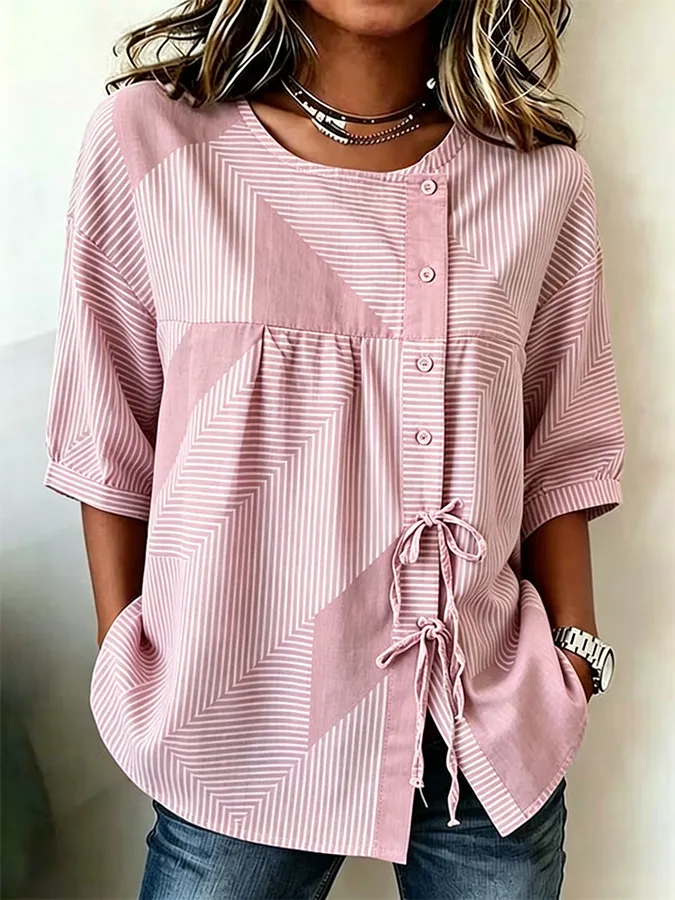 Women'S Casual Striped Printed Cotton Linen Short Sleeved Shirt