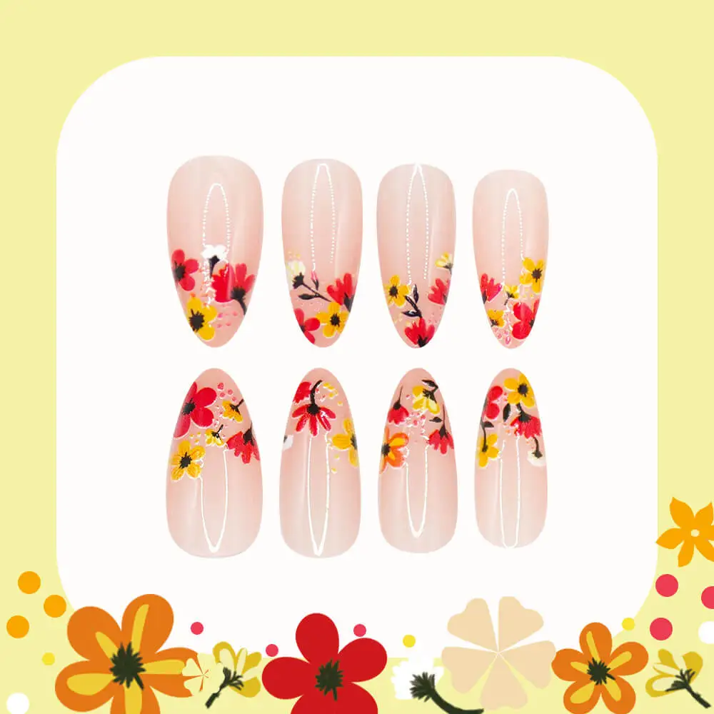 Nailhour 24Pcs French Short Almond Multicolor Floral Press On Nails