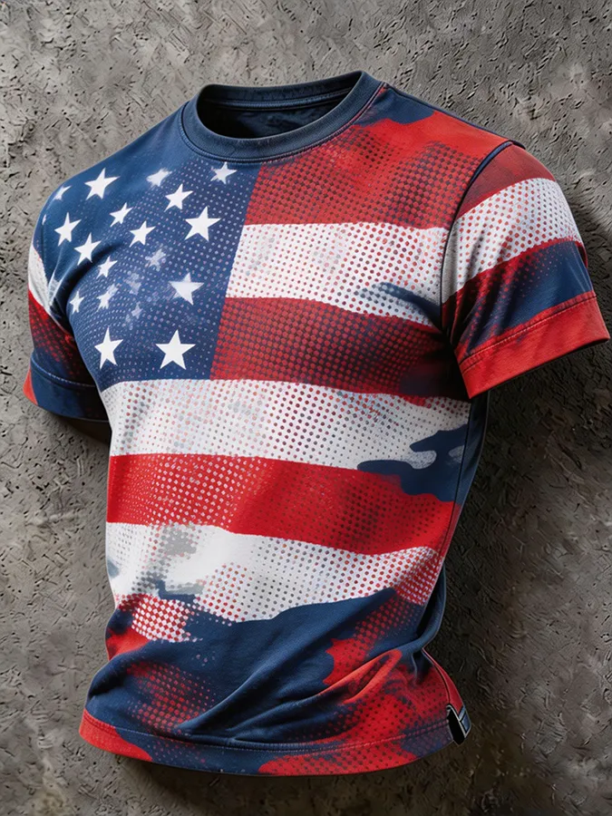 Men's Halftone American Flag Print Crew Neck Patriotic T-Shirt